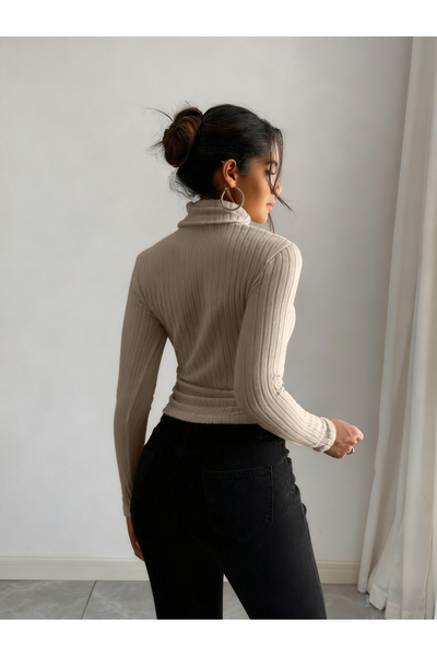 Take Two By Styli Women Beige Ribbed Turtleneck Top