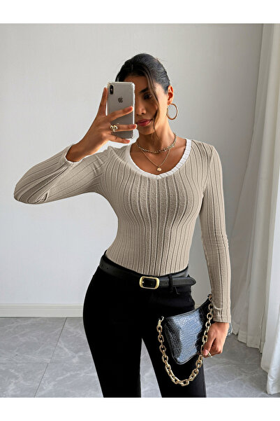 Take Two By Styli Women Beige Ribbed Knit Long Sleeve Top