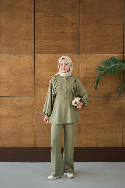 LOCCO Women's Snap Fastener Drawstring Detail Two-Piece Set Green