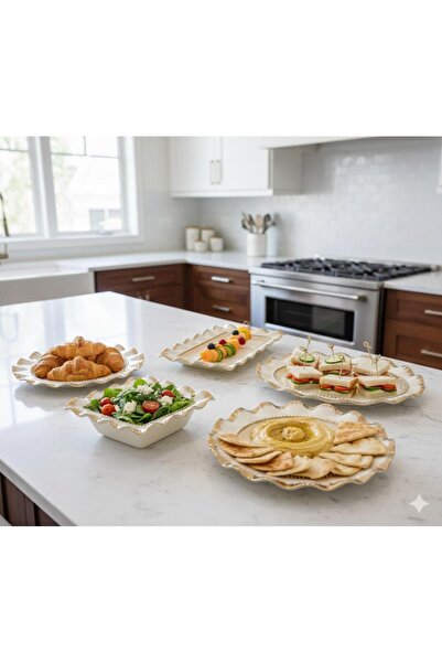 Hinora Gold Detail White 5 Piece Ceramic Serving Plate Set