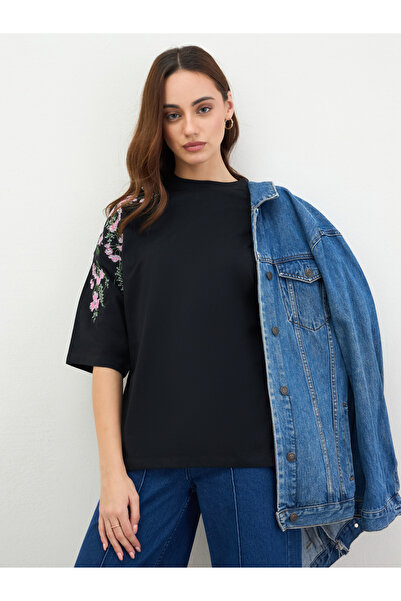 Styli Black Floral Embroidered Oversized T-Shirt