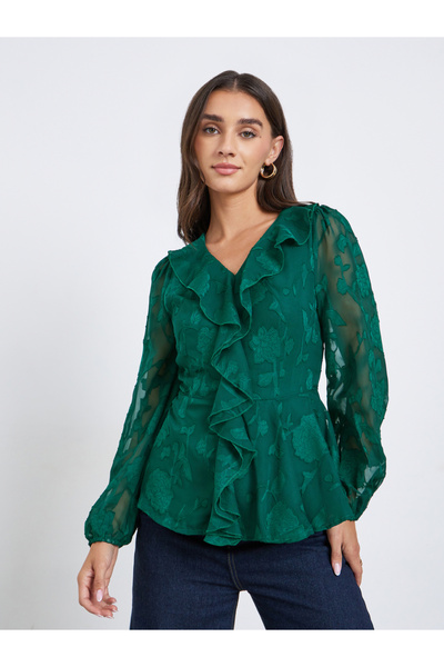 Styli Emerald Green Ruffle Detail Long Sleeves Blouse