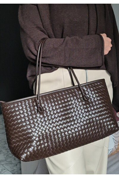 İzel Çakran Women's Bitter Brown Knitted Textured Large Hand and Shoulder Bag