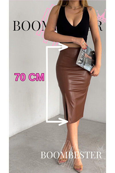 BoomBester Women's High Waist Leather Pencil Skirt - Elastic Waist Slit (Cotton Interlining Coated Inside)