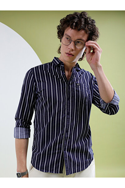 The Indian Garage Co By Styli Men Navy Blue Striped Spread Collar Shirt