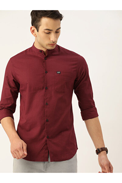 The Indian Garage Co By Styli Men Maroon Mandarin Collar Slim Fit Shirt