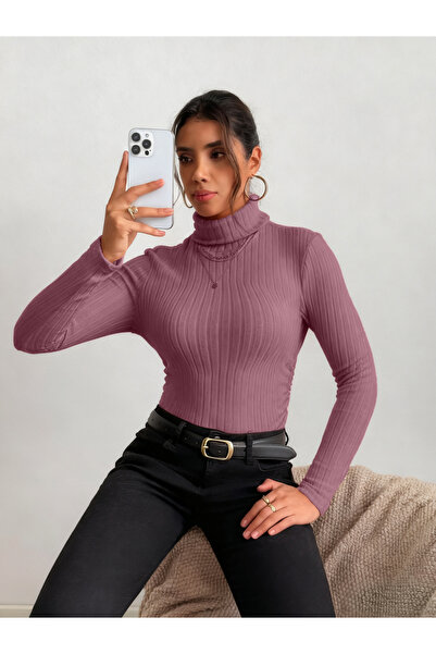 Take Two By Styli Women Dark Pink Ribbed Turtleneck Top