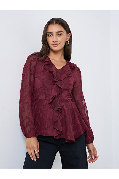 Styli Maroon Ruffle Detail Long Sleeves Blouse