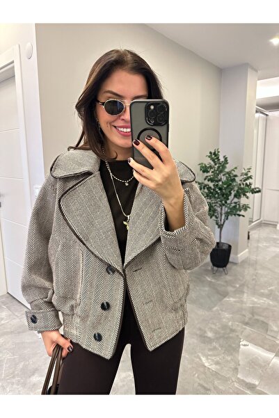 2she Leather Detailed Houndstooth Bomber Jacket - Brown