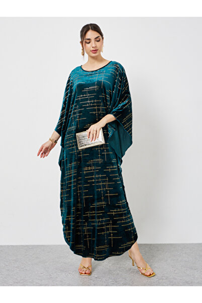 Styli قفطان مخملي باللون الأخضر الزمردي مع طباعة بورق ذهبي