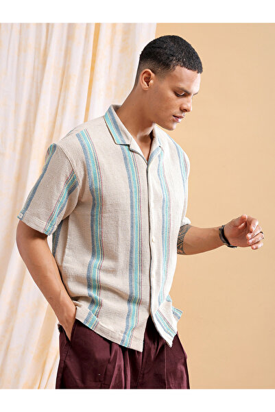 The Indian Garage Co By Styli Men Beige Striped Resort Collar Shirt