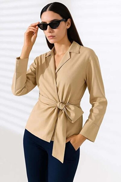ribana Saten Kruvaze Yaka Yandan Bağlamalı Gömlek Bluz