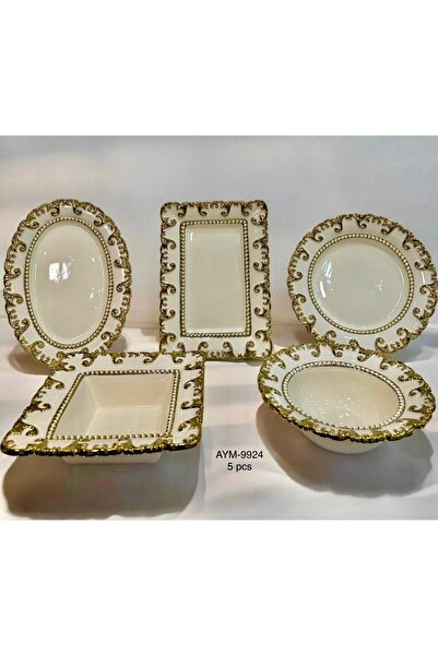 Hinora Gold Patterned White Ceramic Serving Plate Set 5 Pieces