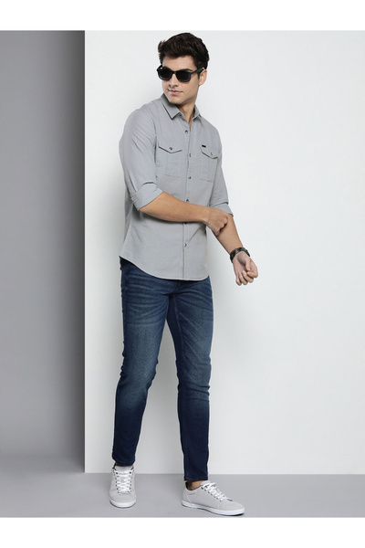 The Indian Garage Co By Styli Men Grey Solid Spread Collar Shirt