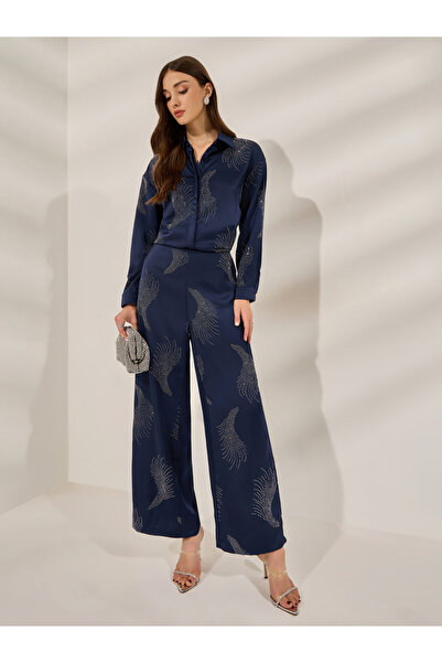 Styli Navy Blue Embellished Satin Shirt