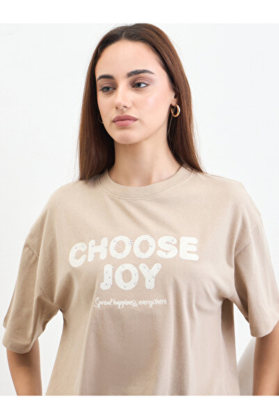 Styli Beige Slogan Print Embellished Oversized T-Shirt