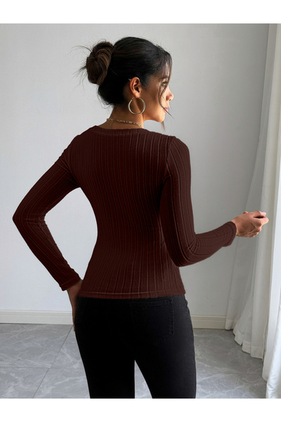 Take Two By Styli Women Brown Ribbed Knit Long Sleeve Top