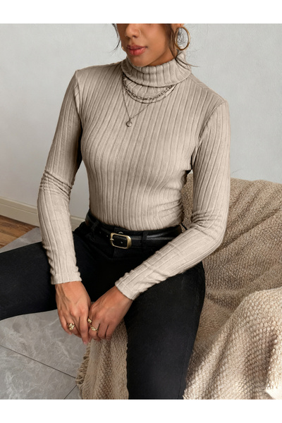 Take Two By Styli Women Beige Ribbed Turtleneck Top