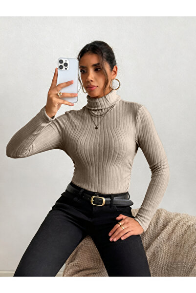 Take Two By Styli Women Beige Ribbed Turtleneck Top