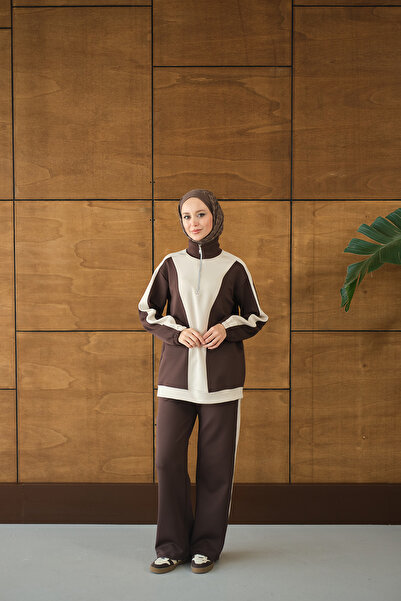 LOCCO Women's Double Color Zipper Detail Suit Brown