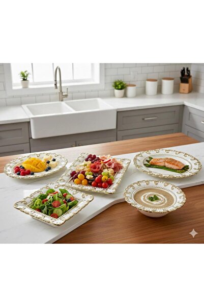 Hinora Gold Patterned White Ceramic Serving Plate Set 5 Pieces