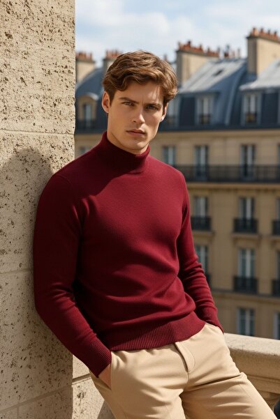 COMBİNE MİCHAİL Men's Casual Daily Trend Basic Burgundy Sweater