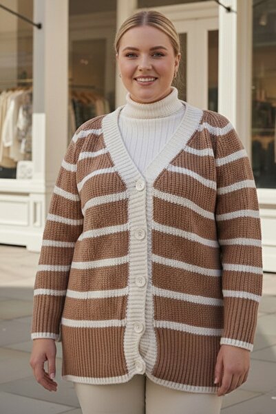 Chiccy Plus Size Light Brown V-Neck Long Sleeve Striped Buttoned Thick Casual Knitwear Cardigan 70 70