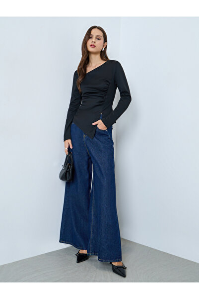 Take Two By Styli Black Irregular Neck Slit Hem Long Sleeve Top