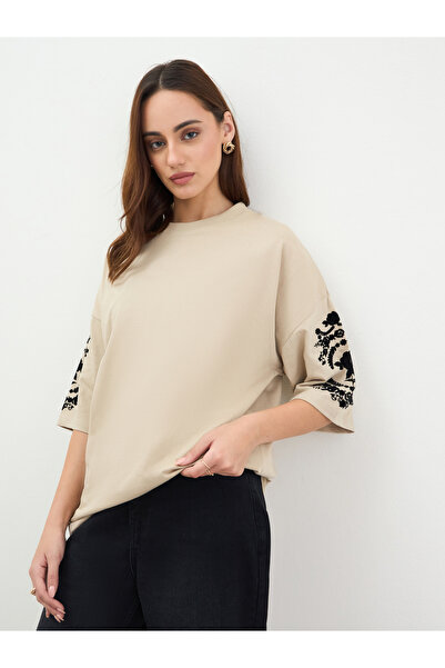 Styli Beige Embroidered Oversized T-Shirt