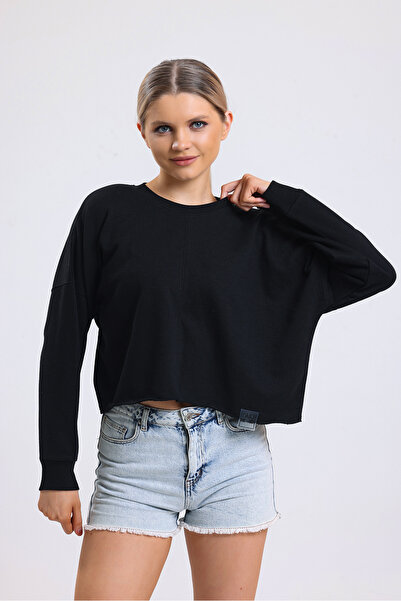 MELA ROSSA Kadın Siyah Bisiklet Yaka Uzun Kollu 2 İplik Kısa Sweat