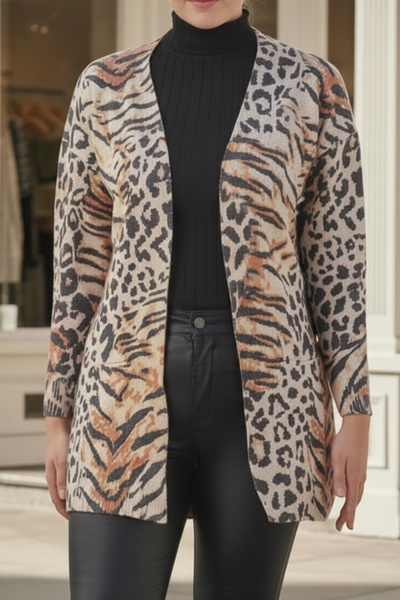 Chiccy Italian Plus Size Italian V-Neck Long Sleeve Leopard Print Non-Buttoned Casual Knitwear Cardigan with Pockets 80 65