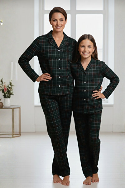 Zekalya Mother Daughter (Sold Separately) Checkered Plaid Patterned Suede Fabric Green Pajama Set