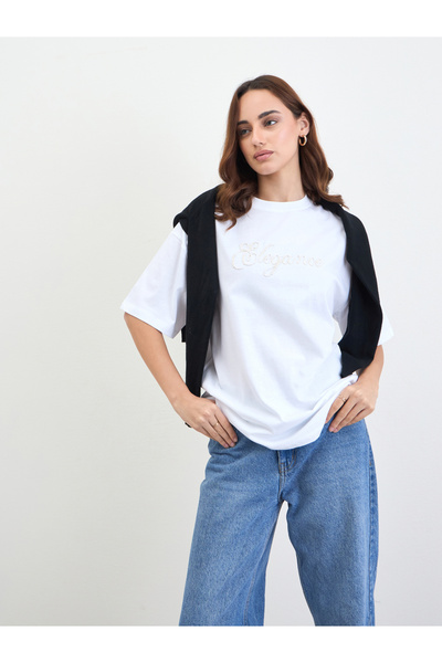 Styli White Beaded Slogan Oversized T-Shirt