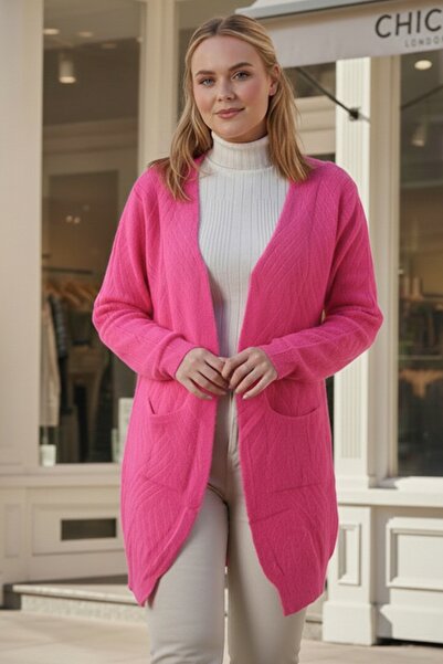 Chiccy Large Size Fuchsia Long Sleeve Patterned Casual Soft Oversized Knitwear Cardigan 90 77