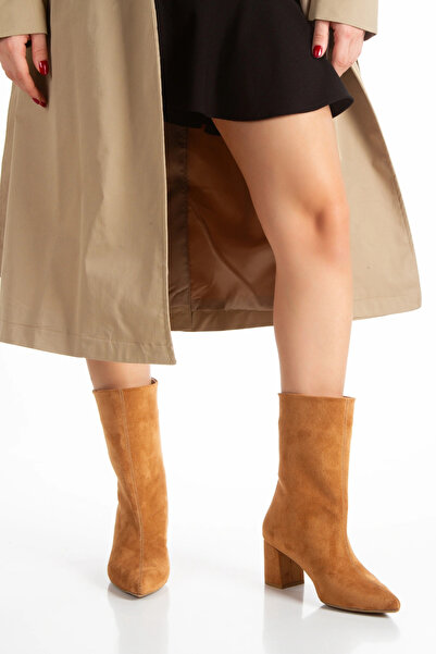 MFT AYAKKABI Women's Tan Suede Thick Heeled Zipperless Boots