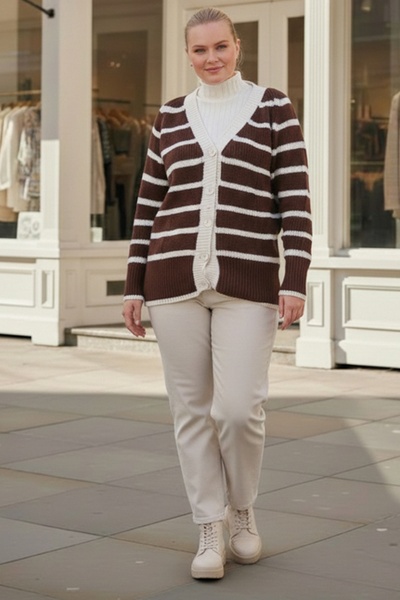 Chiccy Plus Size Dark Brown V-Neck Long Sleeve Striped Buttoned Thick Casual Knitwear Cardigan 70 70