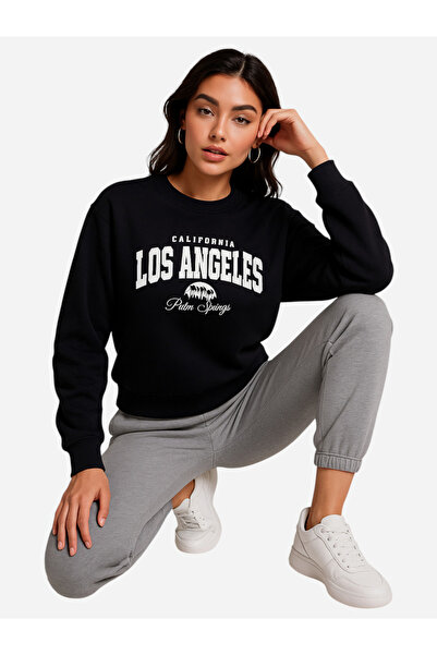 Victor and Jane By Styli Black LA Graphic Sweatshirt - 100% Cotton Fleece