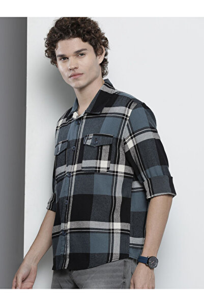 The Indian Garage Co By Styli Men Teal Plaid Shirt with Flap Pocket