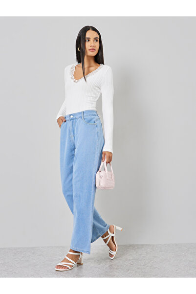 Take Two By Styli White Ribbed Top with Lace Trim