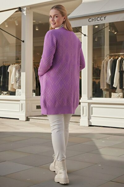 Chiccy Large Size Lilac Long Sleeve Patterned Casual Soft Oversized Knitwear Cardigan 90 77