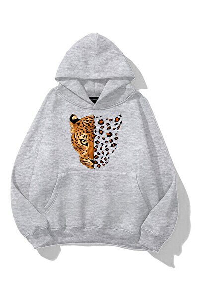 Rokeby Unisex Half Face Leopard Printed Kangaroo Pocket Hooded Gray Sweatshirt