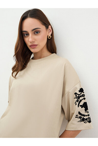 Styli Beige Embroidered Oversized T-Shirt