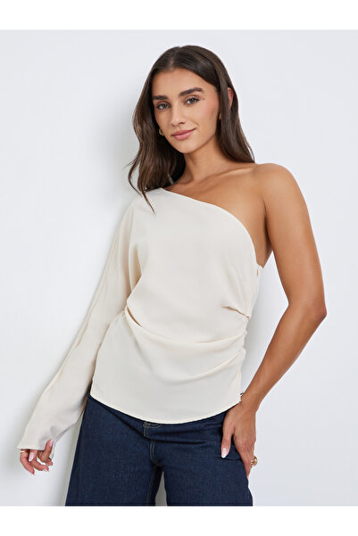 Styli Asymmetric One Sleeve Blouse with Draped Detail