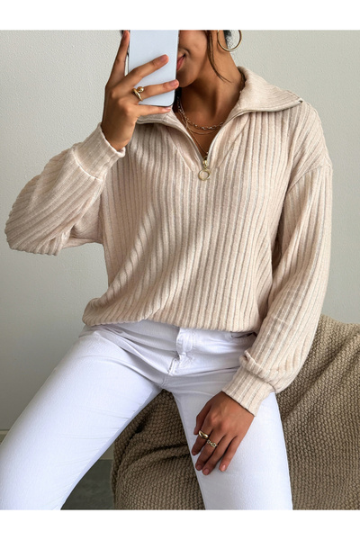 Take Two By Styli Women Beige Half-Zip Ribbed Sweatshirt