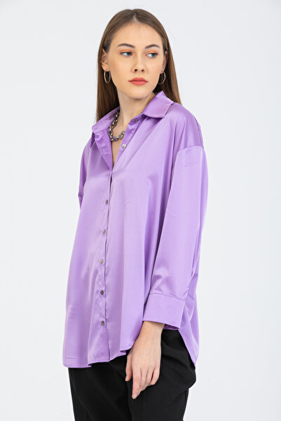 PERA MODA Women's Loose Oversized Cut Silk Satin Shirt