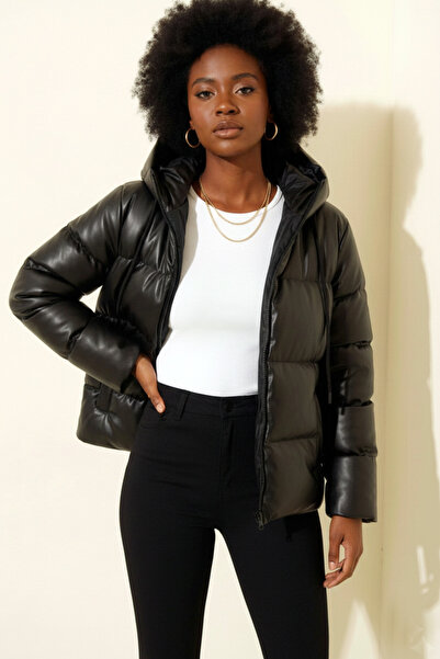 Kirazgym Women's Shiny Puffer Hooded Short Coat