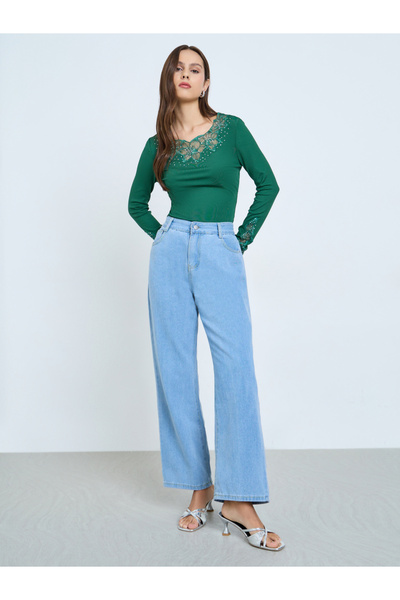 Take Two By Styli Dark Green Embellishment Detail Long Sleeve Top