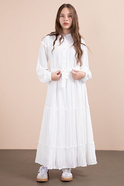 Cansın Mini Ecru Sleeves Gathered Belted Girls' Long Dress 23401