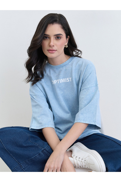 Styli Light Blue Oversized Slogan Print T-Shirt