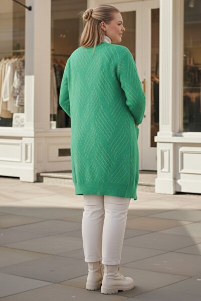 Chiccy Large Size Green Long Sleeve Patterned Casual Soft Oversized Knitwear Cardigan 90 77